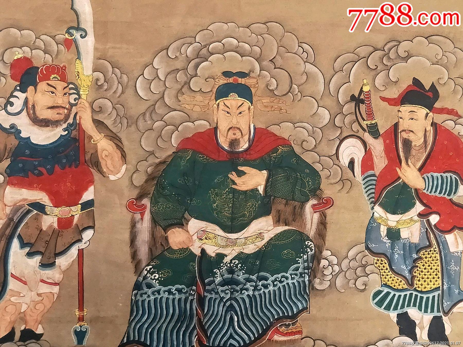 清代精品纯手绘老粗布五彩描金文武财神画像一张画工精湛人物细-人物