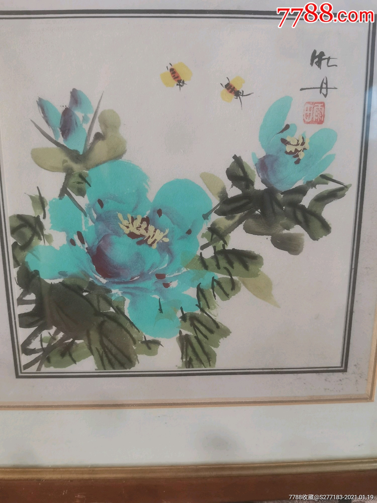 拆迁收来的著名画家田雨手绘牡丹画,包手绘,带框装裱,尺寸如图,有喜欢