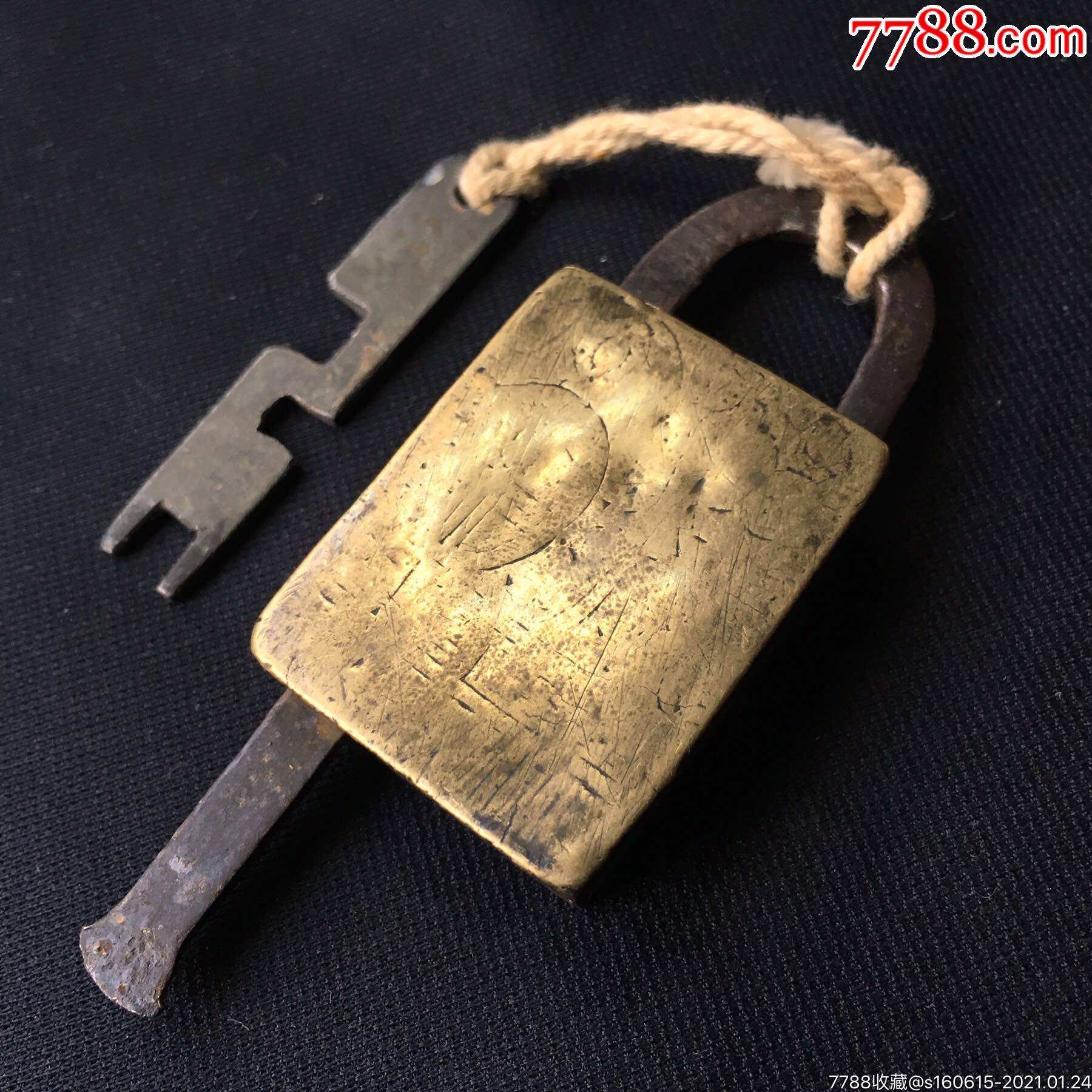 清代刻花老铜锁异形锁老铜挂锁原配钥匙