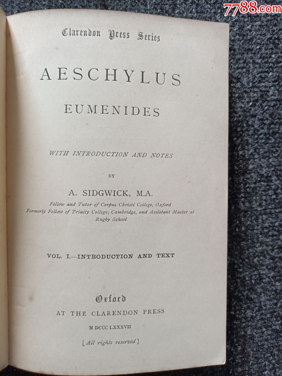 1887年eumenides《欧墨尼得斯》埃斯库罗斯(硬精装,希腊语,英语)