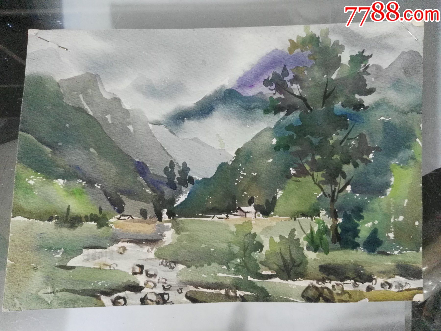 文革知青手绘水彩画小山村纯手绘非印刷品