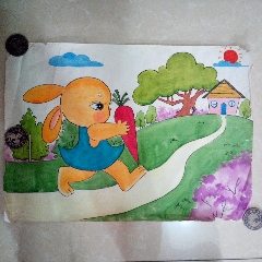 80年代名家水彩画绘画原稿小兔子拔萝卜