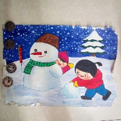 80年代名家水彩画绘画原稿-小朋友在雪地里滚雪球堆雪人_红色纸品行