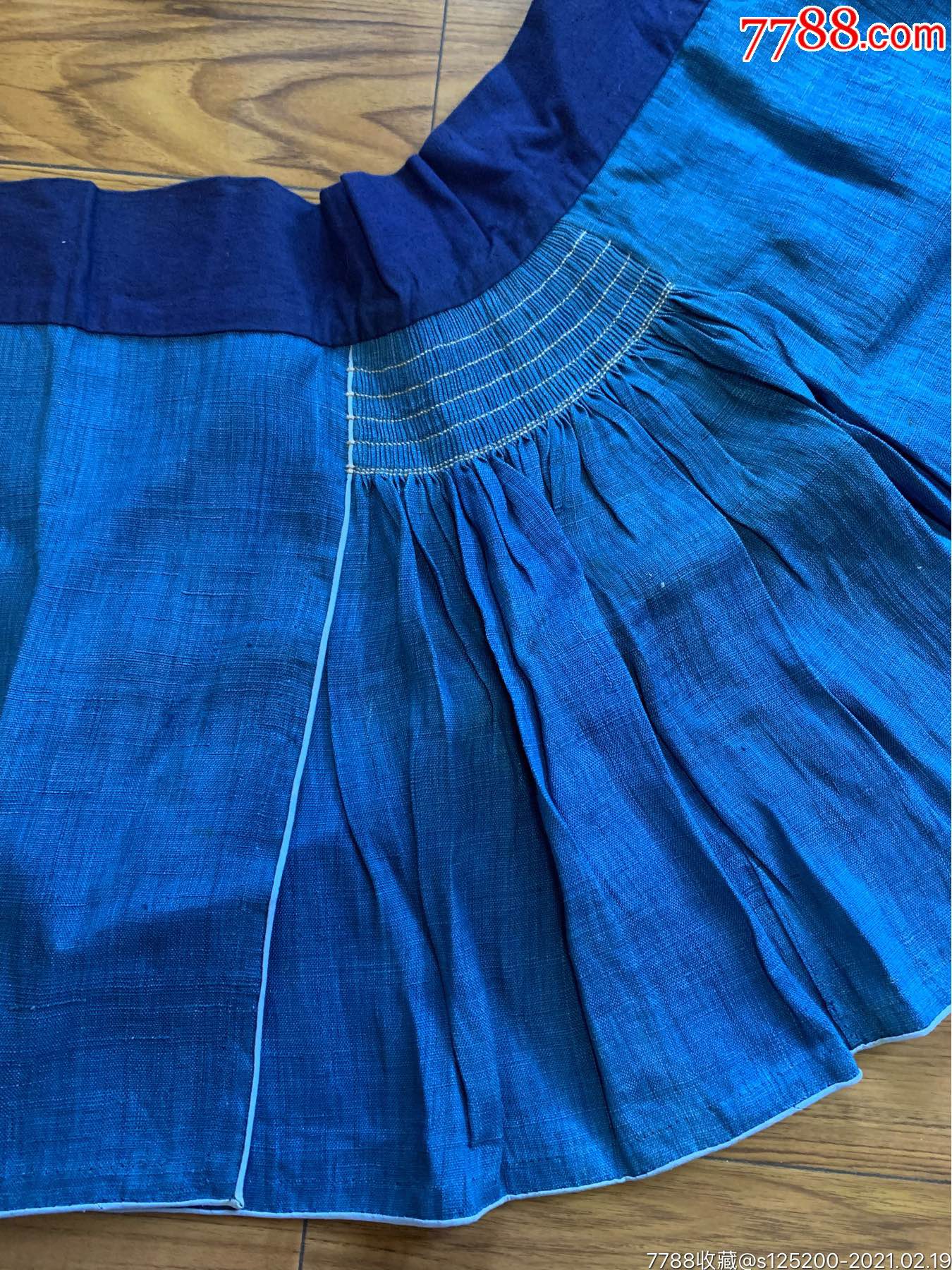 古董古玩收藏近代杂项麻布裙子围裙布料蓝布手工布服饰蓝花布裙子