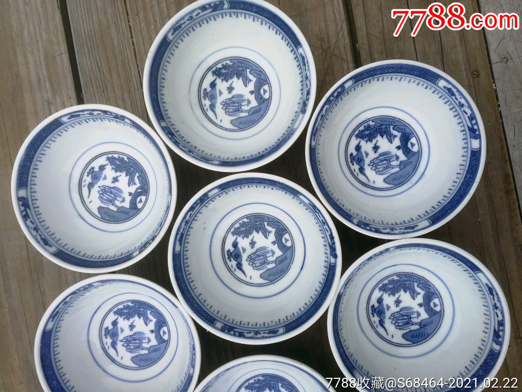 八十年代口径114厘米中国景德镇底款梧桐山水青花碗10个