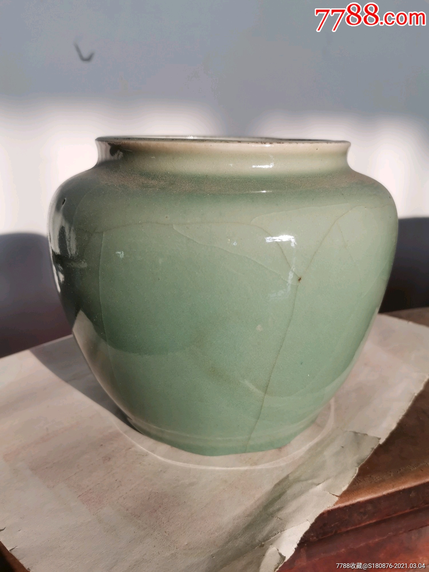 清代老绿釉开片罐