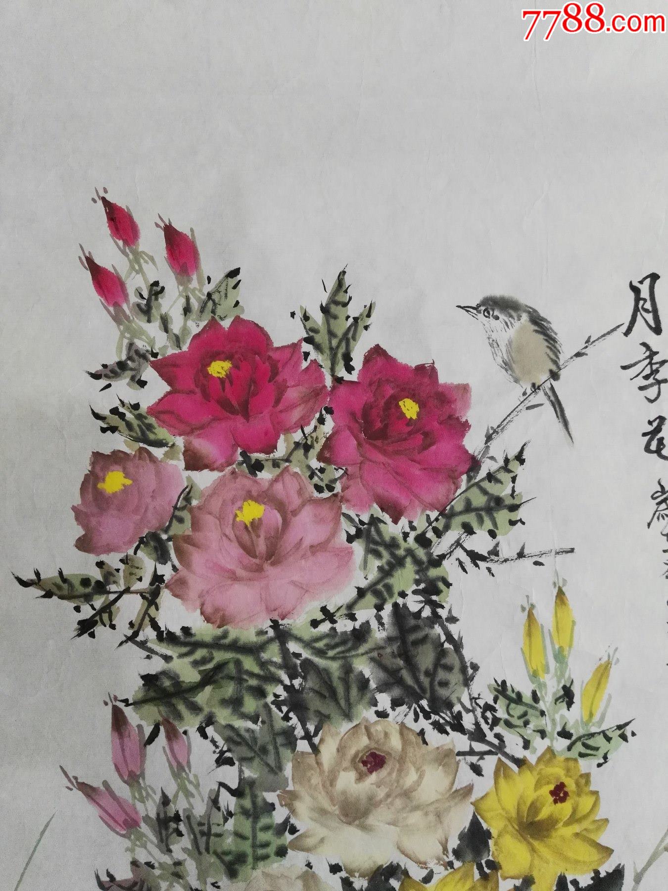 90年代纯手绘中国画原稿月季花,三尺大小