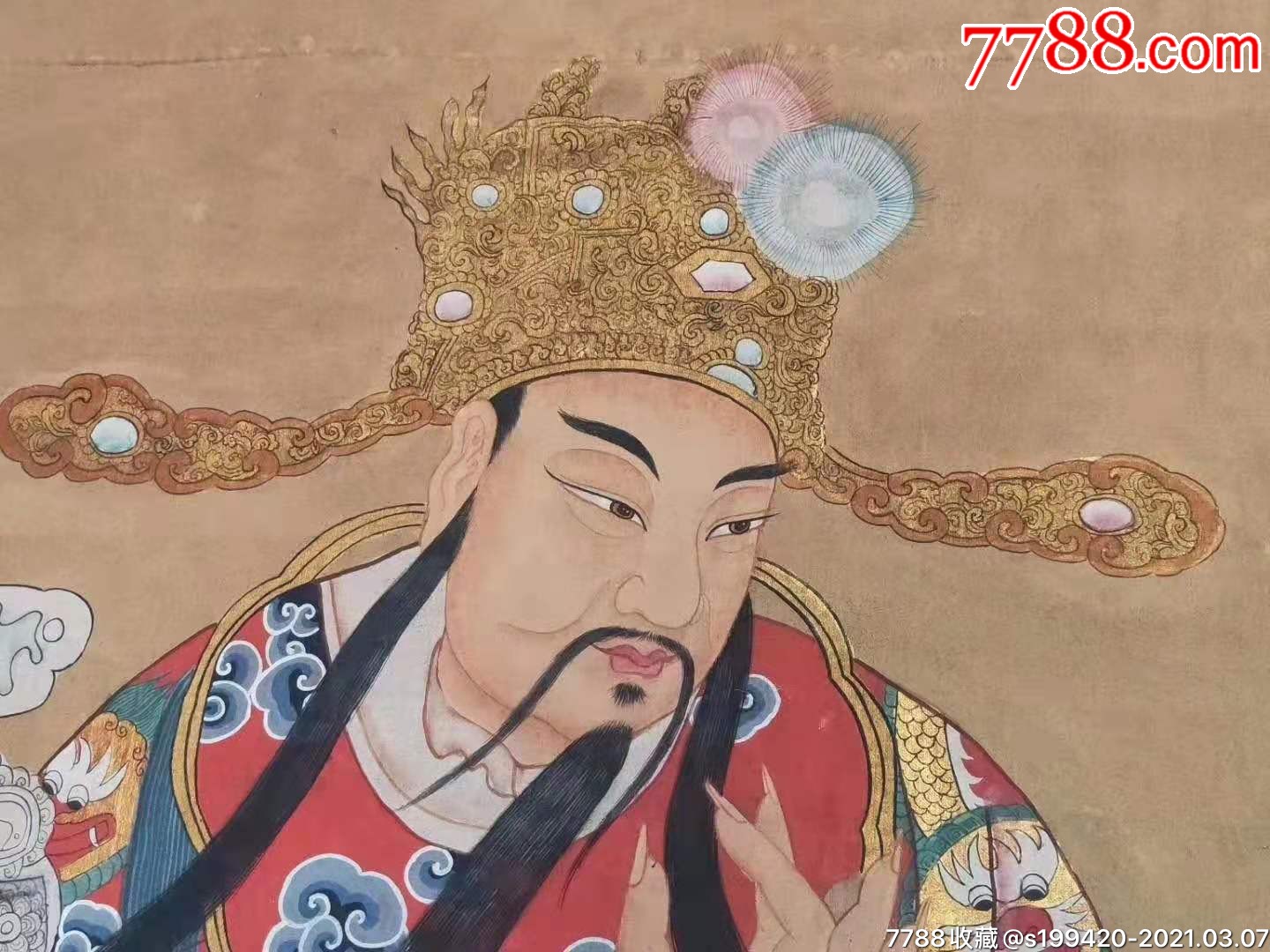 五彩描金财神爷画像,画工精湛,人物细节栩栩如生,活灵活现.