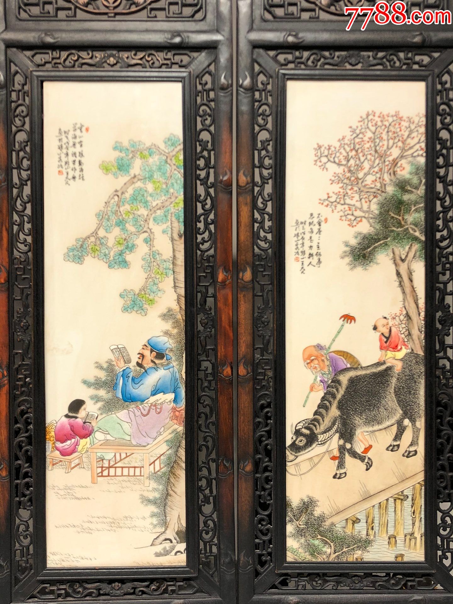 王大凡作品小叶紫檀雕刻老框镶瓷板画粉手绘【渔樵耕读】