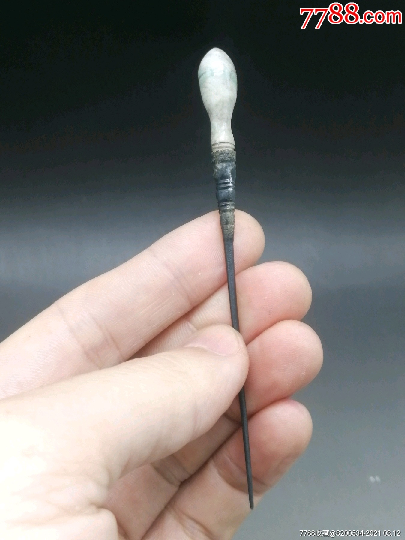 一线探测清代翡翠头银簪簪子古玩古董收藏民俗银器一线探测出清代翡翠