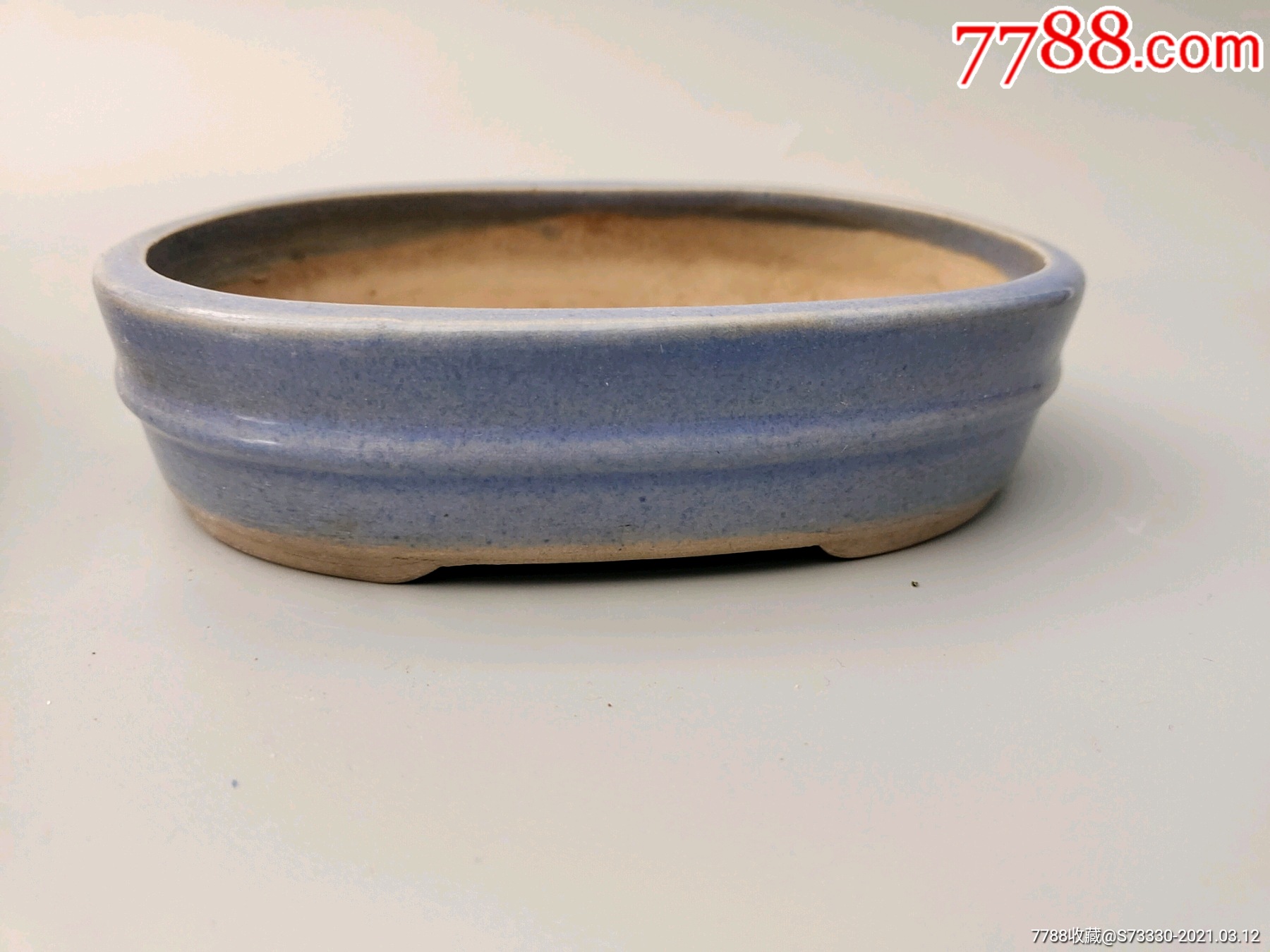老花盆,70-80年代宜兴蓝釉椭圆形腰带线花盆一只