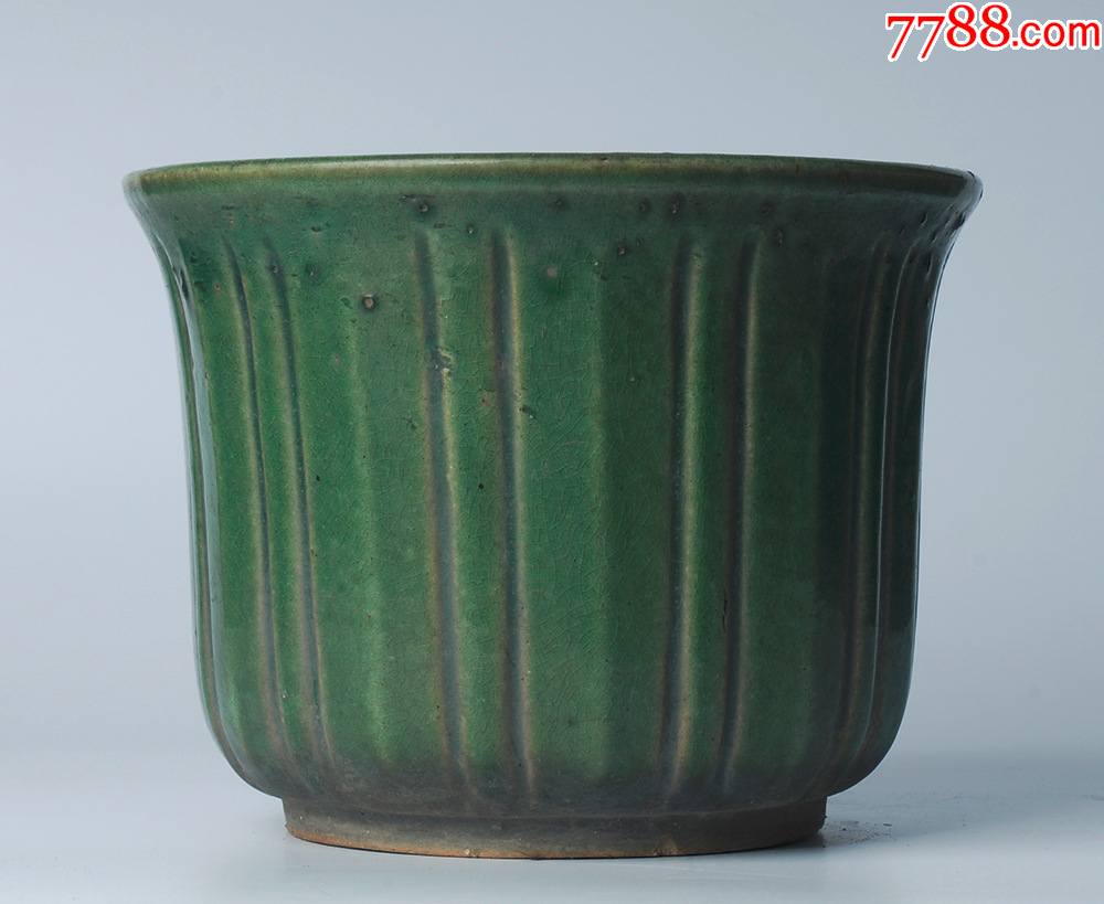 石湾窑绿釉圆形盆景花盆-价格:280.
