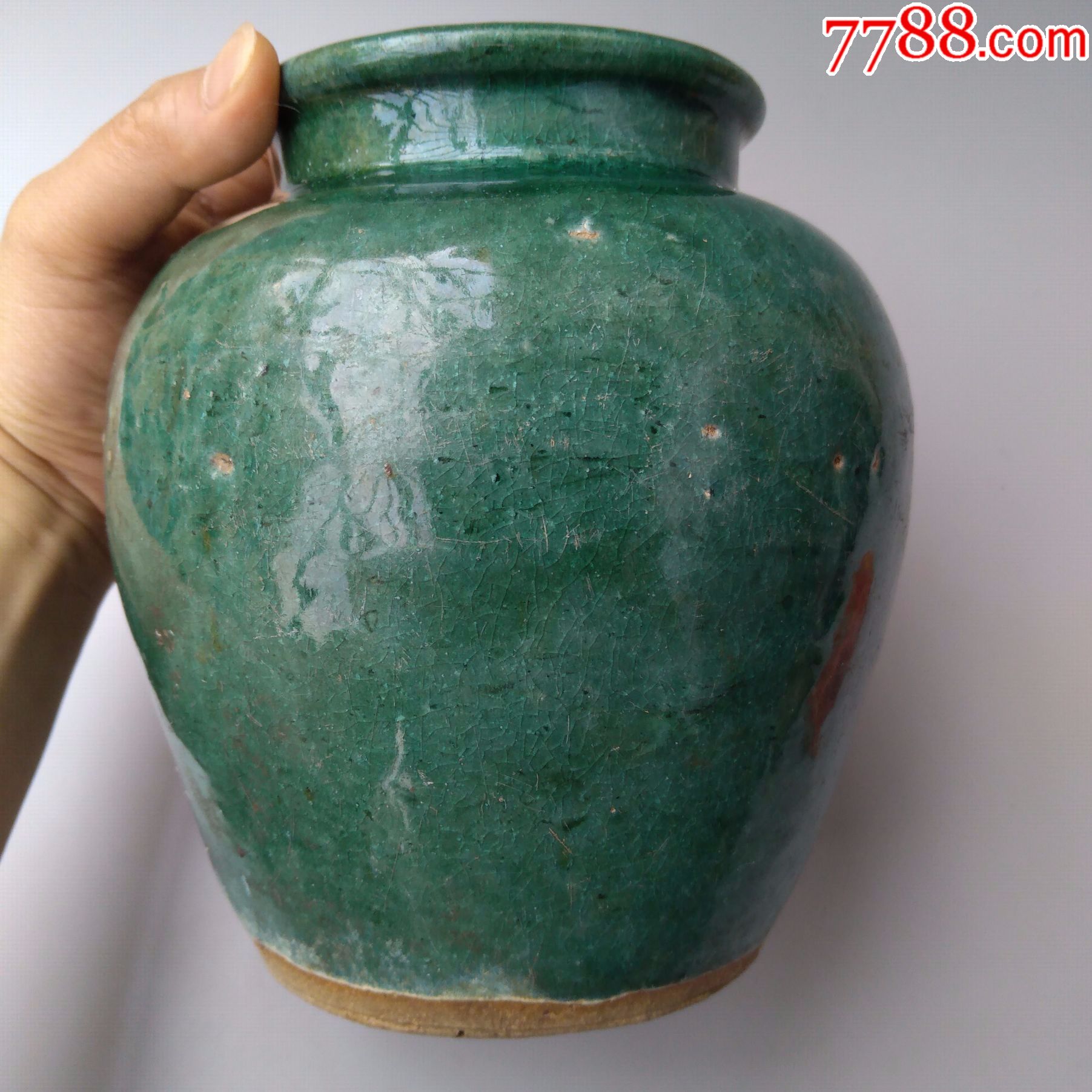 包老货清代古董陶瓷器晚清石湾窑绿釉罐民间旧瓷古物老物件保真_绿釉