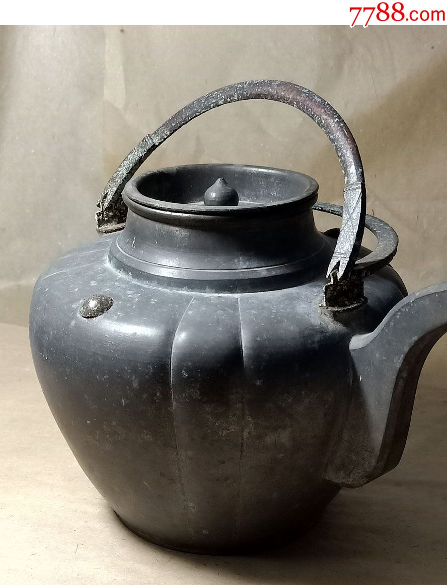 清民时期瓜棱纹铜提梁锡壶老锡器茶壶锡酒壶