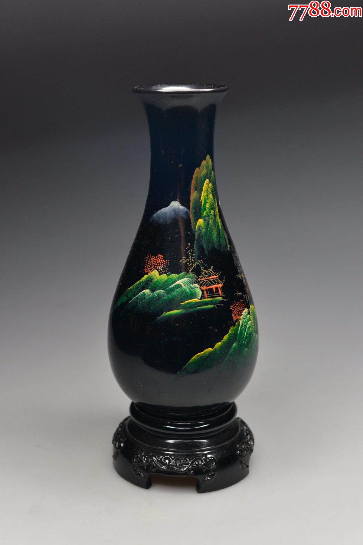 福州脱胎漆器手绘70年代80年代山水亭台楼阁茶道老花瓶插花器