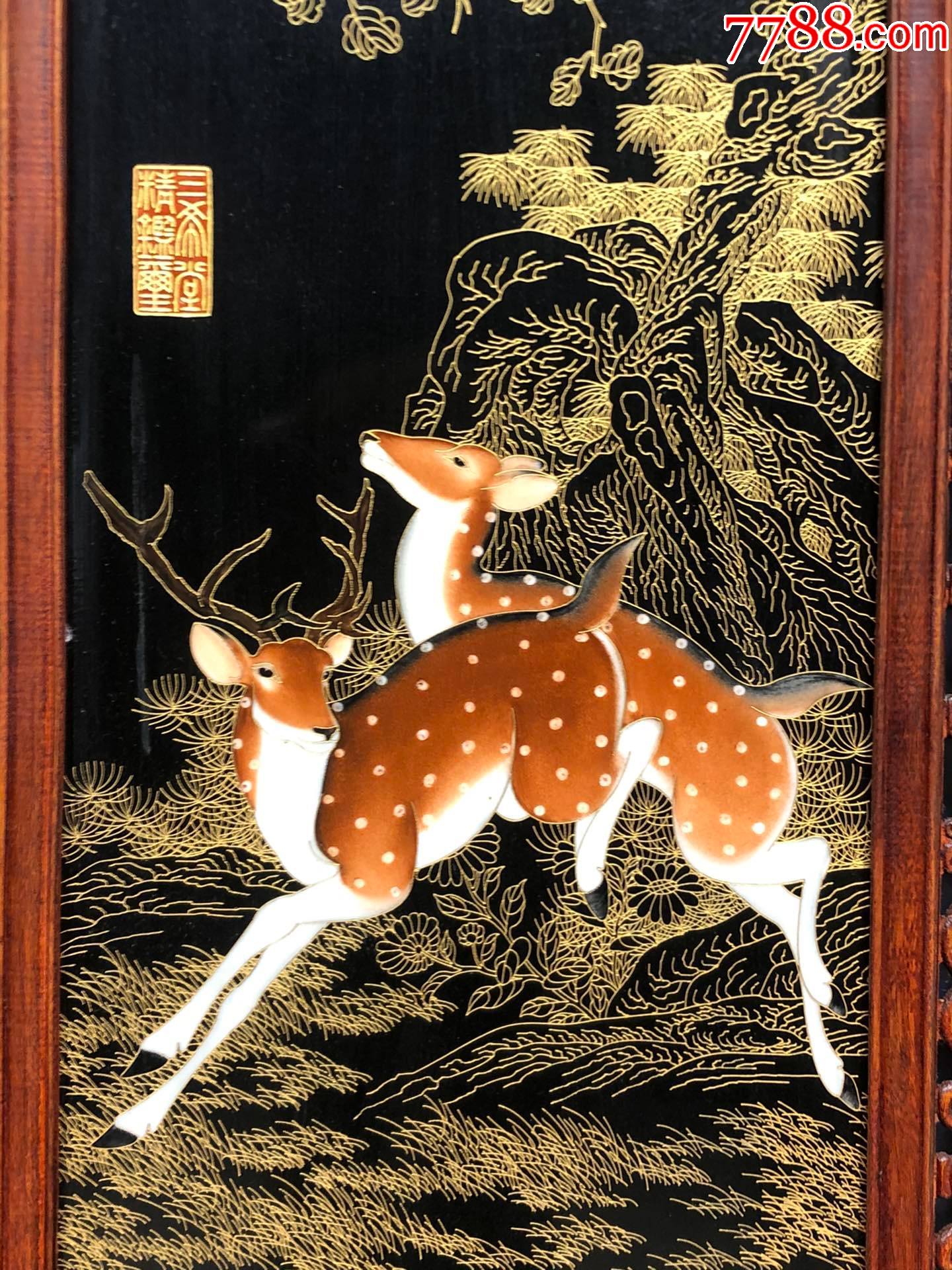 郎世宁作品精品黄花梨老框镶瓷板画黑底手绘掐丝珐琅【梅花鹿】四折