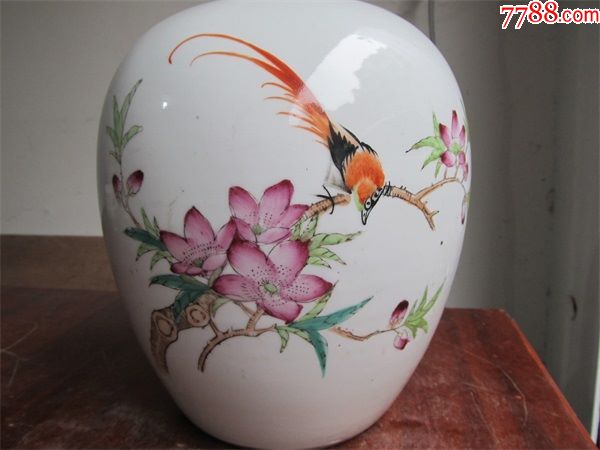全品六七十年代手绘桃花红鸟罐