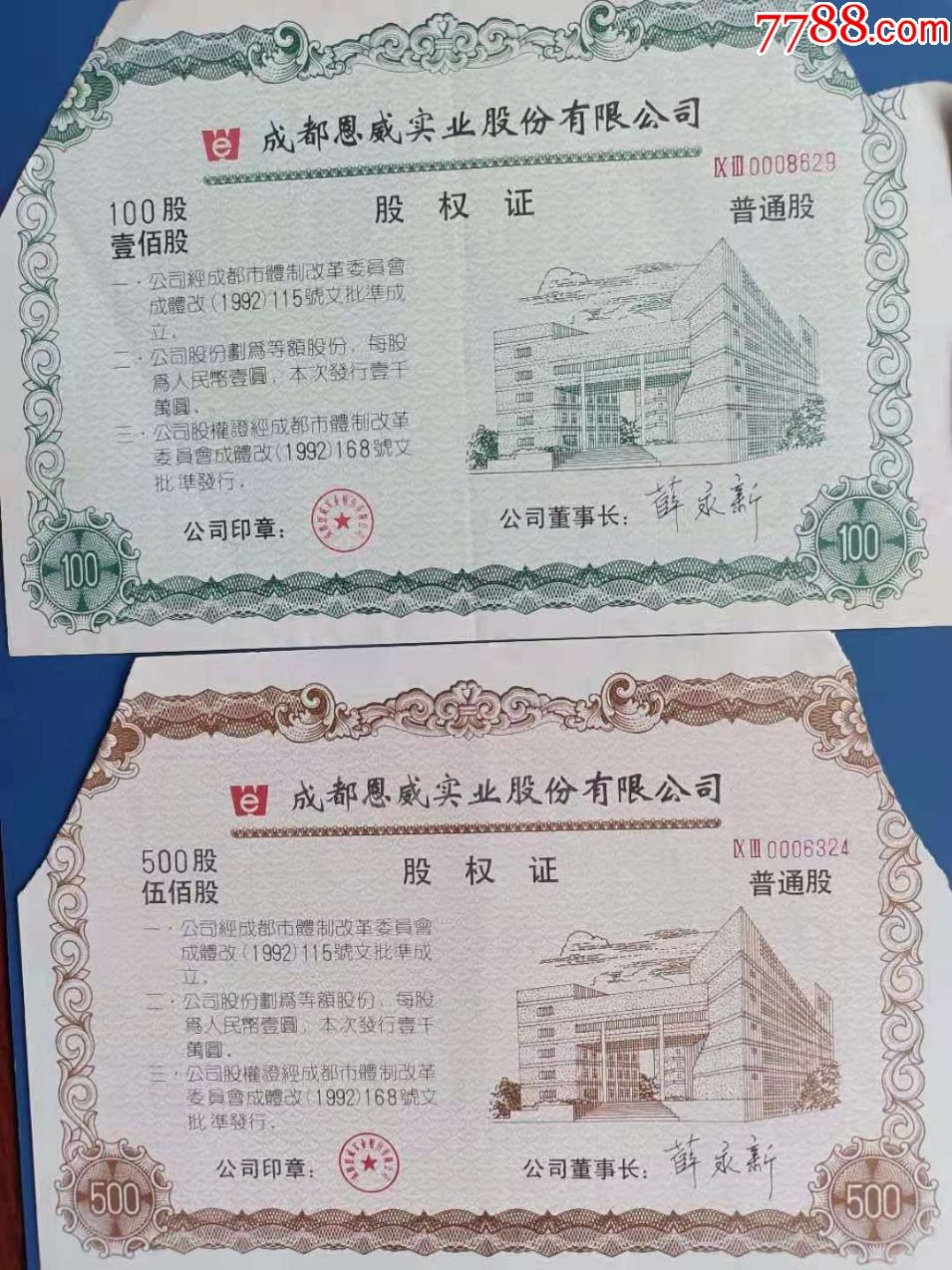 成都恩威实业股份有限公司股权证2张,持有卡1张,票据1张_股票/集资券