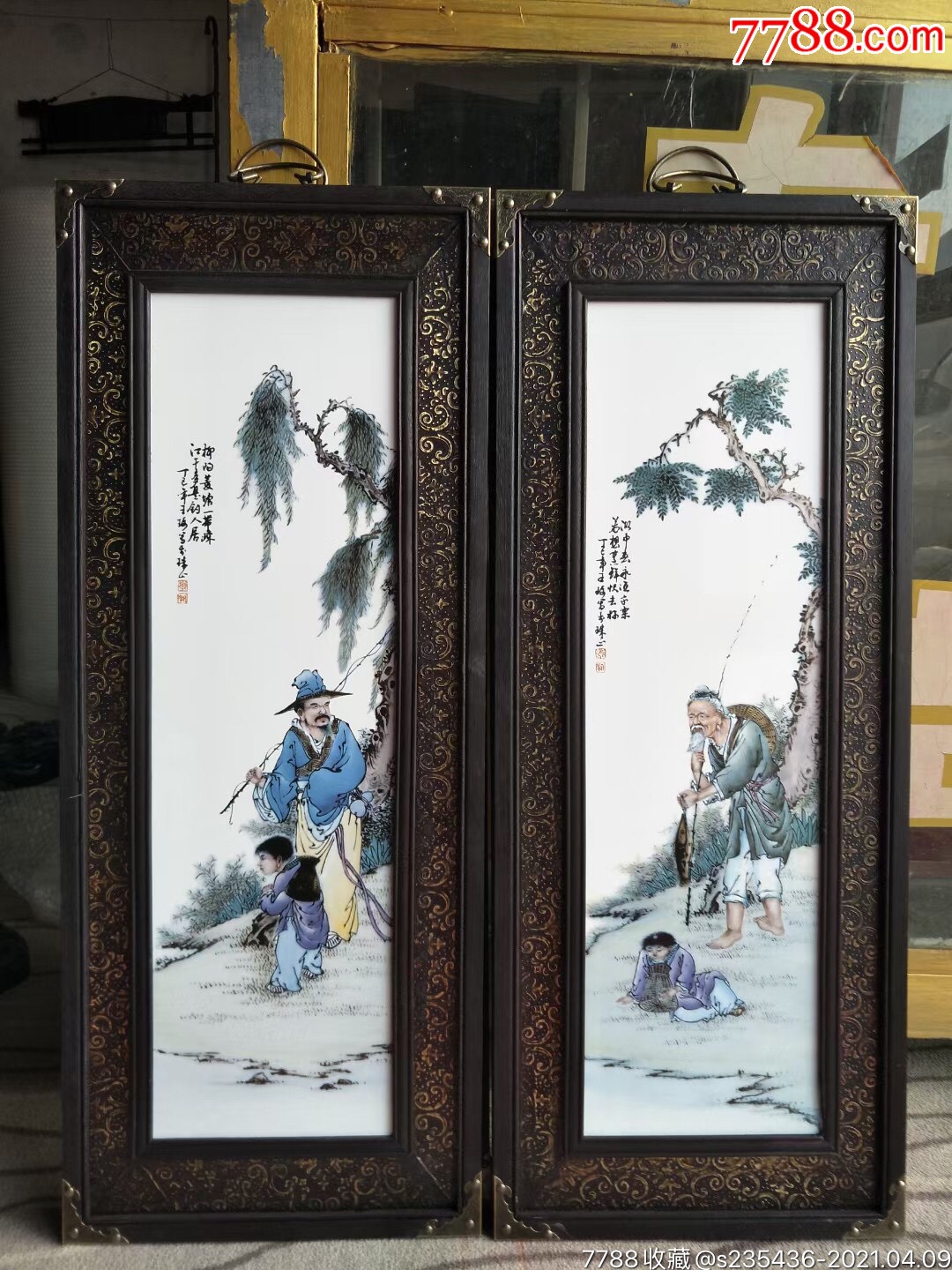 民国时期,珠山八友王琦,手绘人物瓷板画四扇屏一套,保存完好,品相尺寸