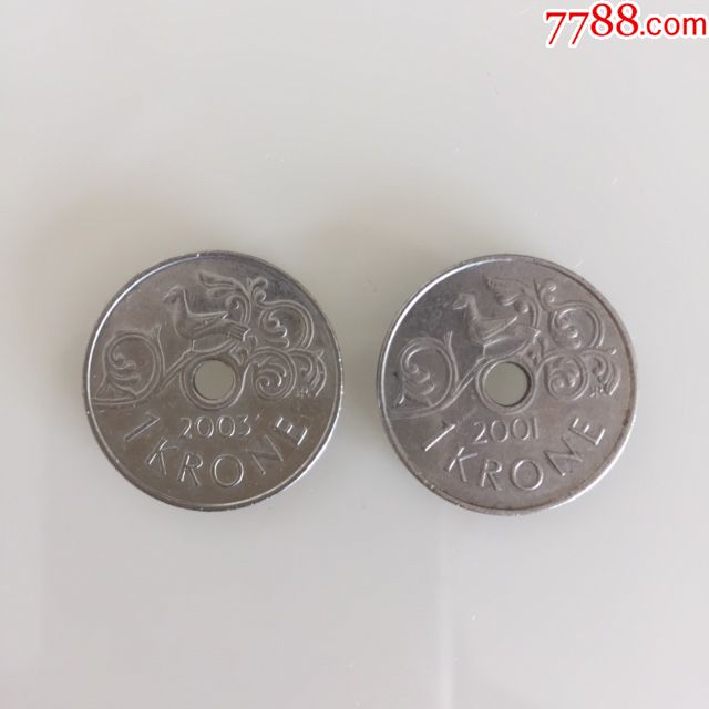 挪威硬币1克朗2枚2001年2003年各一枚95品