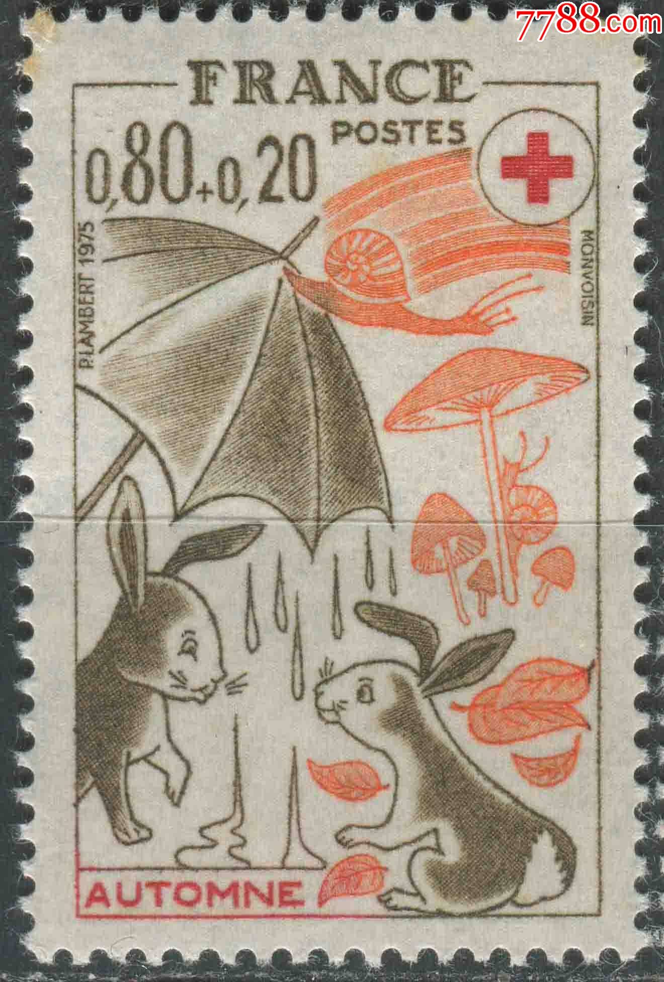 法国邮票1975年红十字童话兔子雕刻版1枚新黄点
