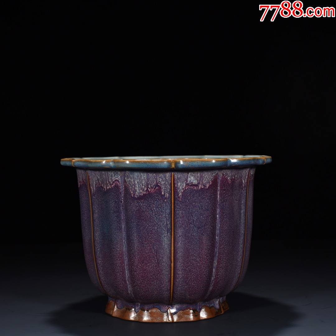 钧窑玫瑰紫釉葵口花盆18526厘米工艺品