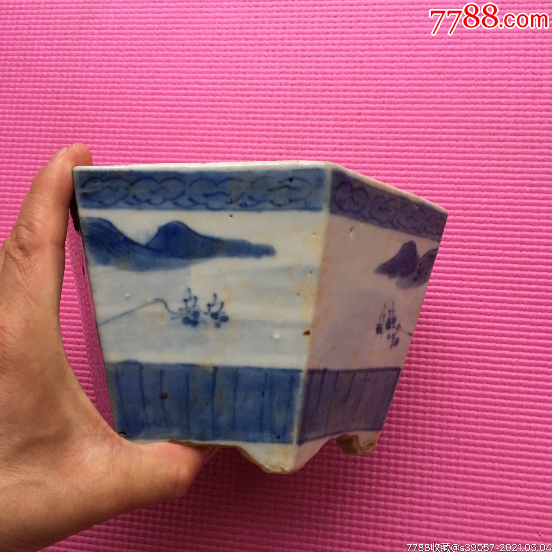 清代(六方)青花通景山水花盆