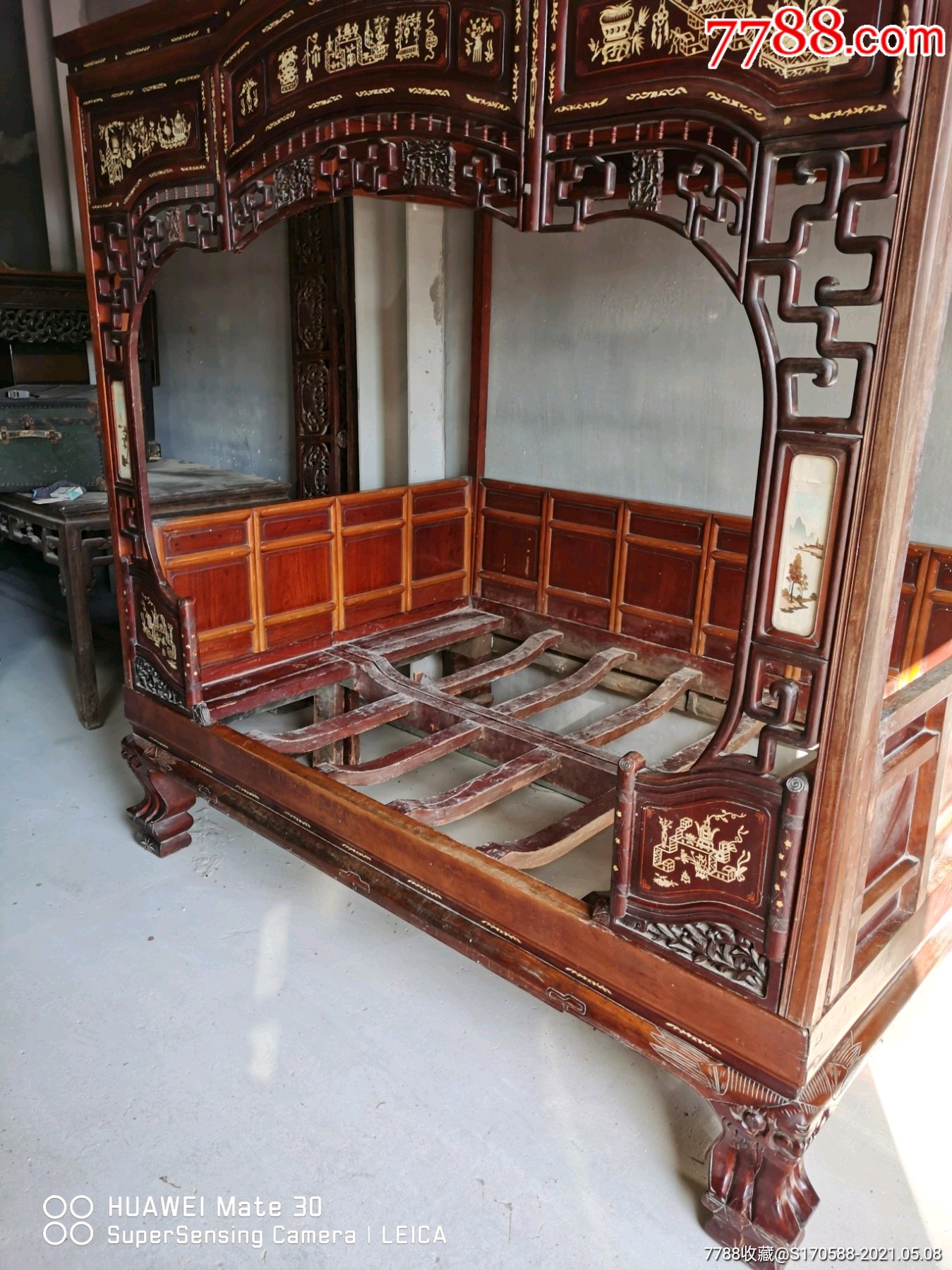清代,苏作古典,花梨木镶嵌骨,架子床,手工雕刻精细,细腻,多子多福