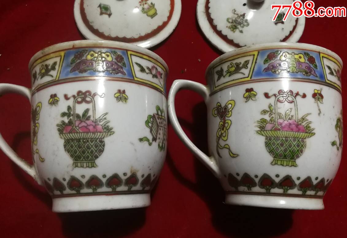 特价处理中国景德镇底款粉彩花篮宝鼎蝴蝶花卉图茶杯水杯一对包老完好