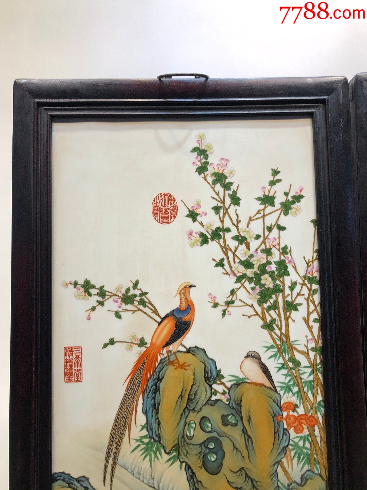 精品郎世宁小叶紫檀老框镶瓷板画,纯手绘粉彩【花鸟】