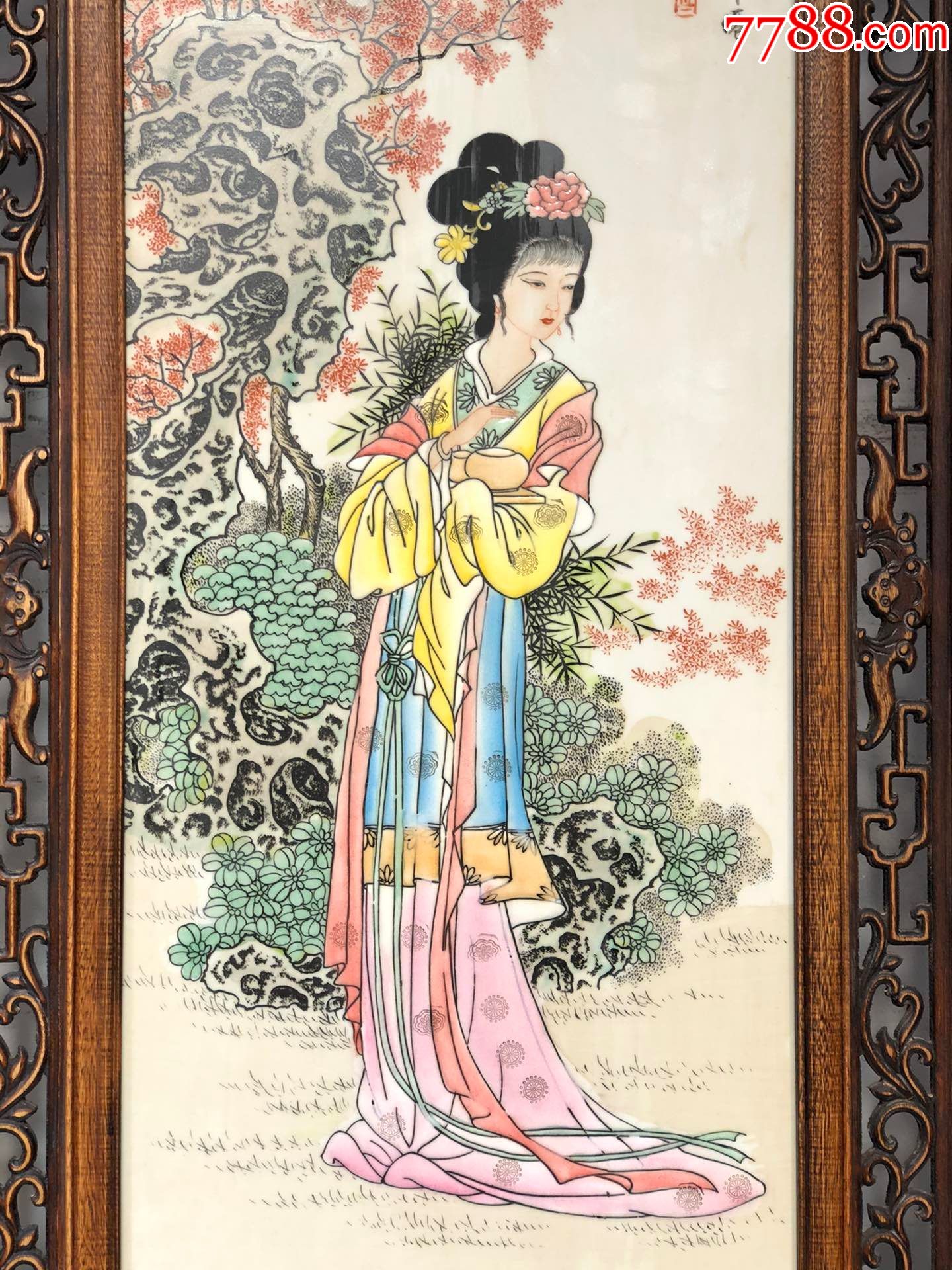 王大凡作品精品黄花梨老框镶瓷板画手绘粉彩厚玻璃白【四大美女】四折