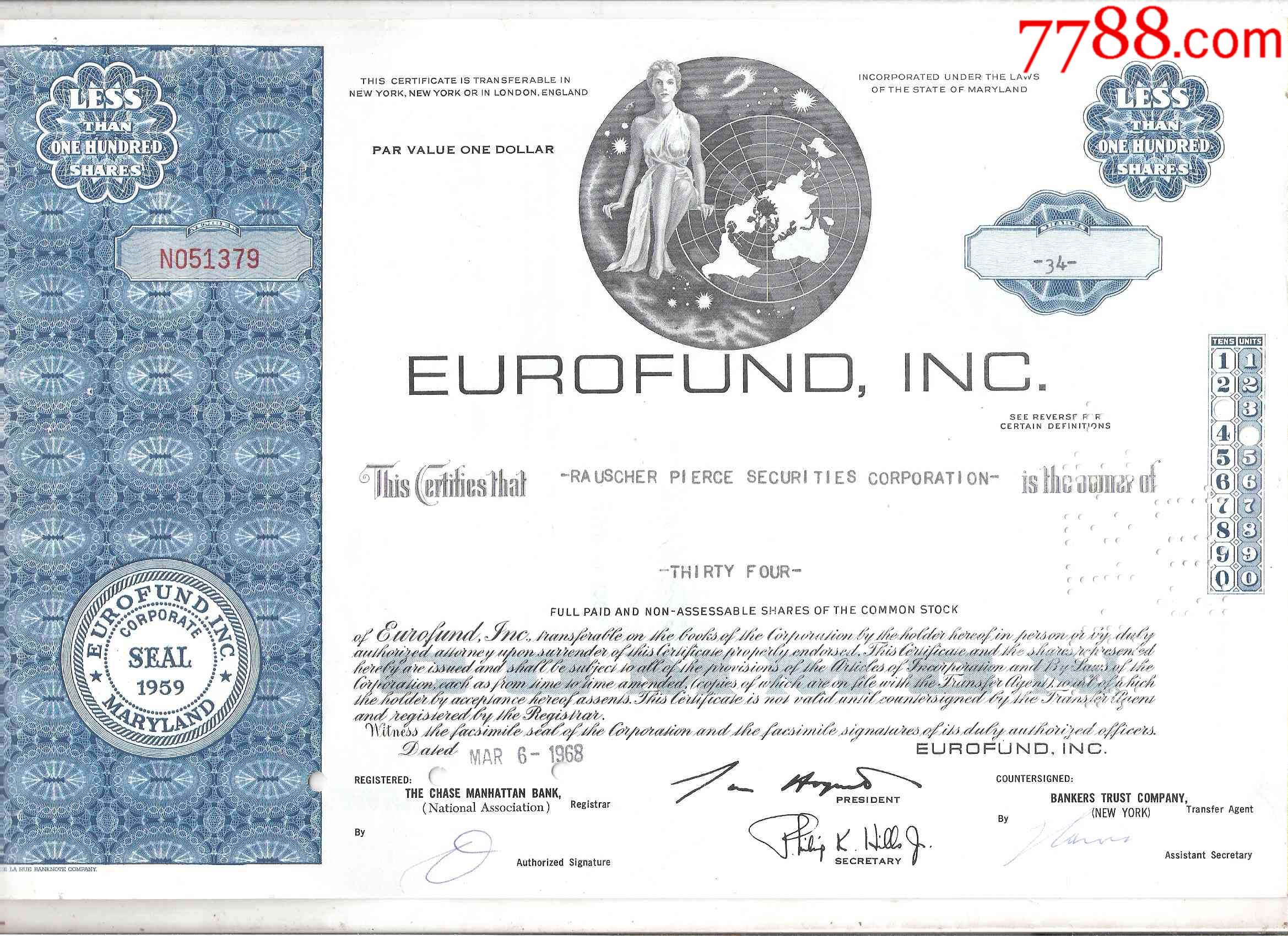 美国雕刻版老股票债券欧洲资金公司蓝色版(eurofund)1968年