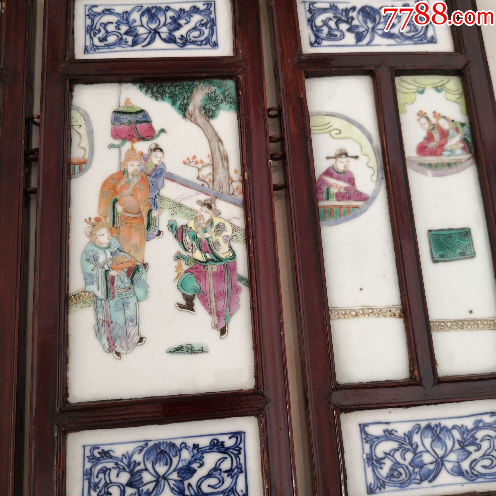 晚清青花粉彩人物瓷屏风八扇屏瓷板画