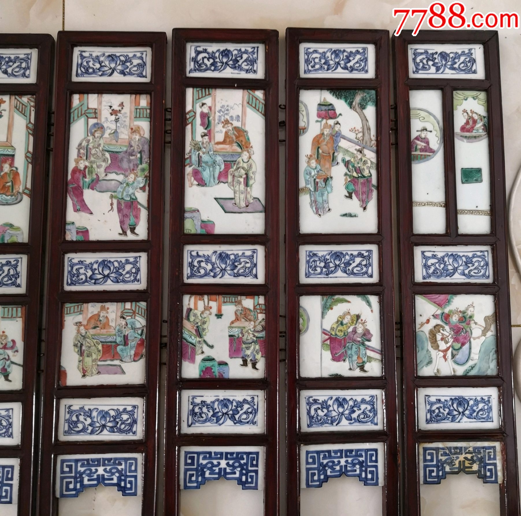 晚清青花粉彩人物瓷屏风八扇屏瓷板画