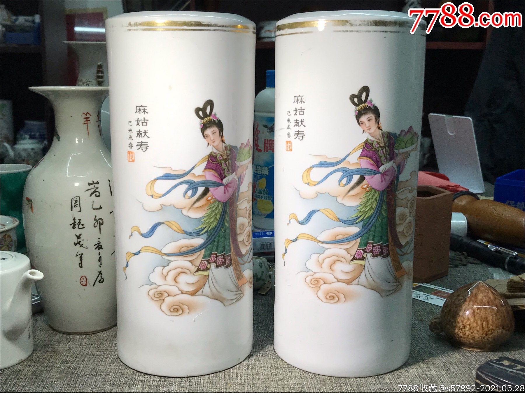 麻姑献寿帽筒一对_彩绘瓷/彩瓷_第1张_7788漆器收藏