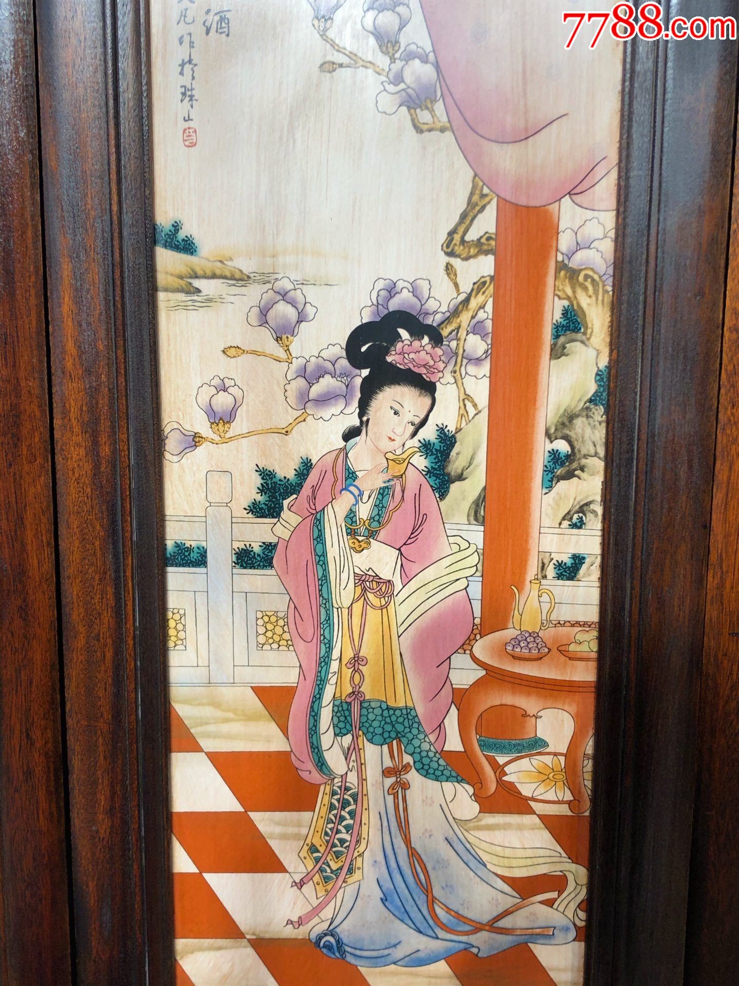 王大凡作品红木雕刻老框镶瓷板画粉彩四大美女四条挂屏