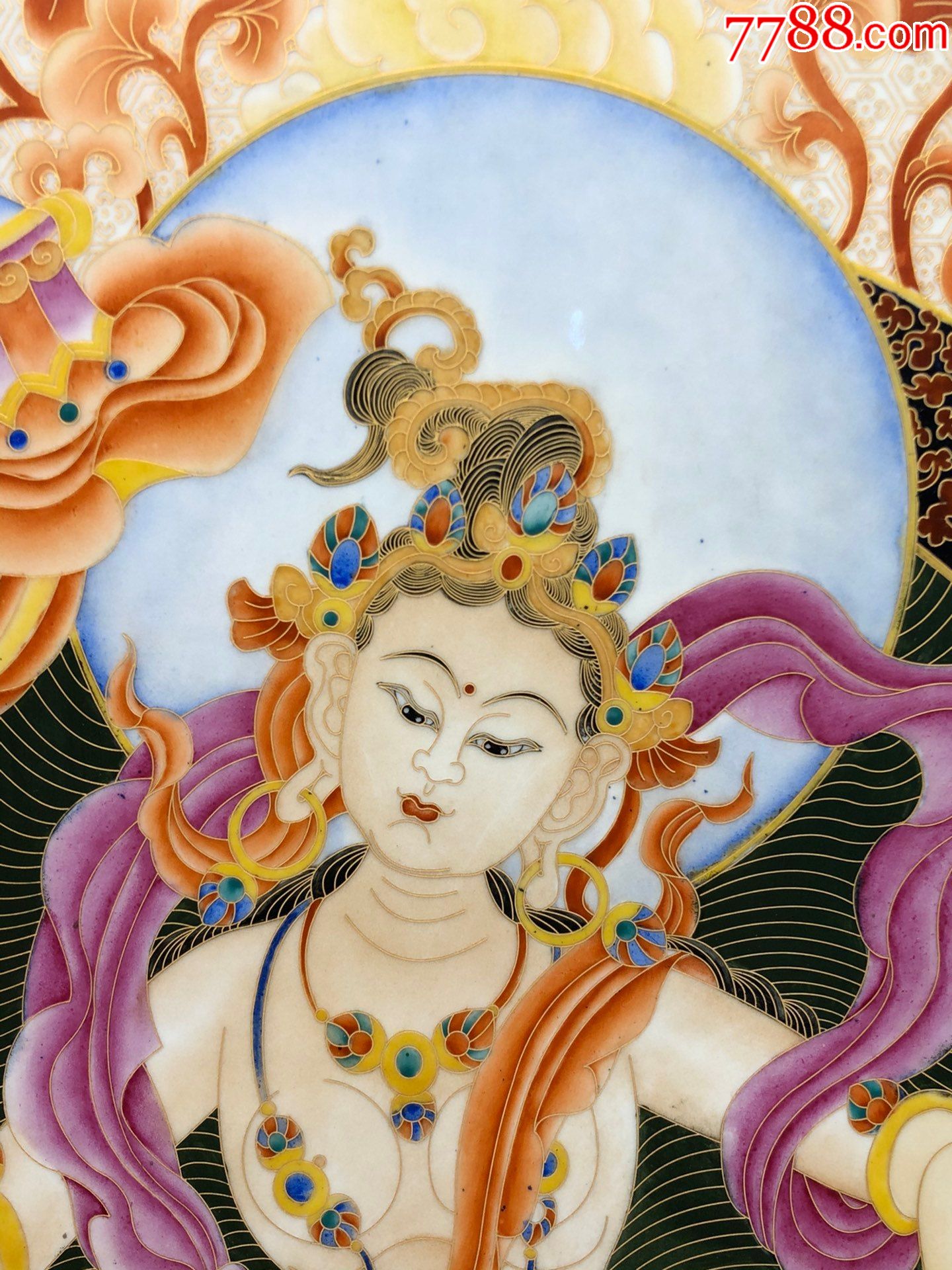 精品小叶紫檀满金星老框纯手绘加彩掐丝珐琅【唐卡】插屏