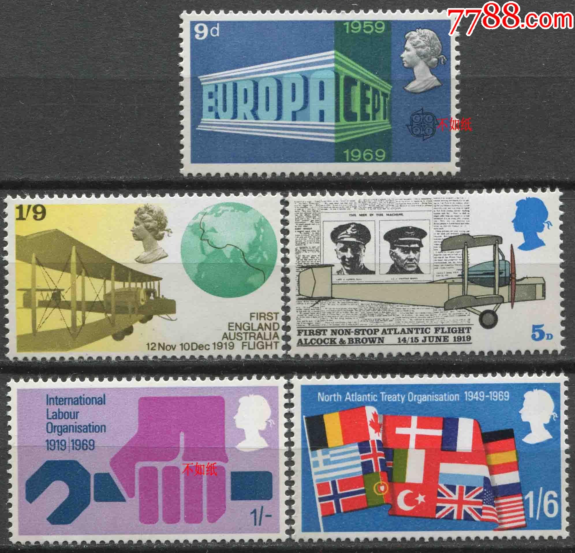 英国邮票1969年各种纪念欧罗巴飞机首次飞跃大西洋等5全新eur07