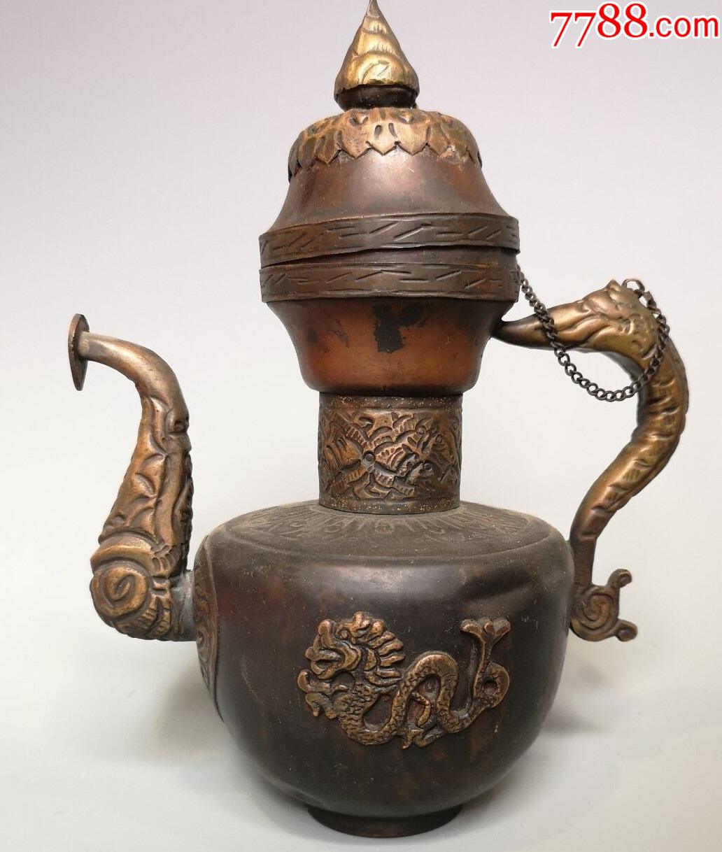 晚清民国黄铜龙图款酒壶老式高22cm