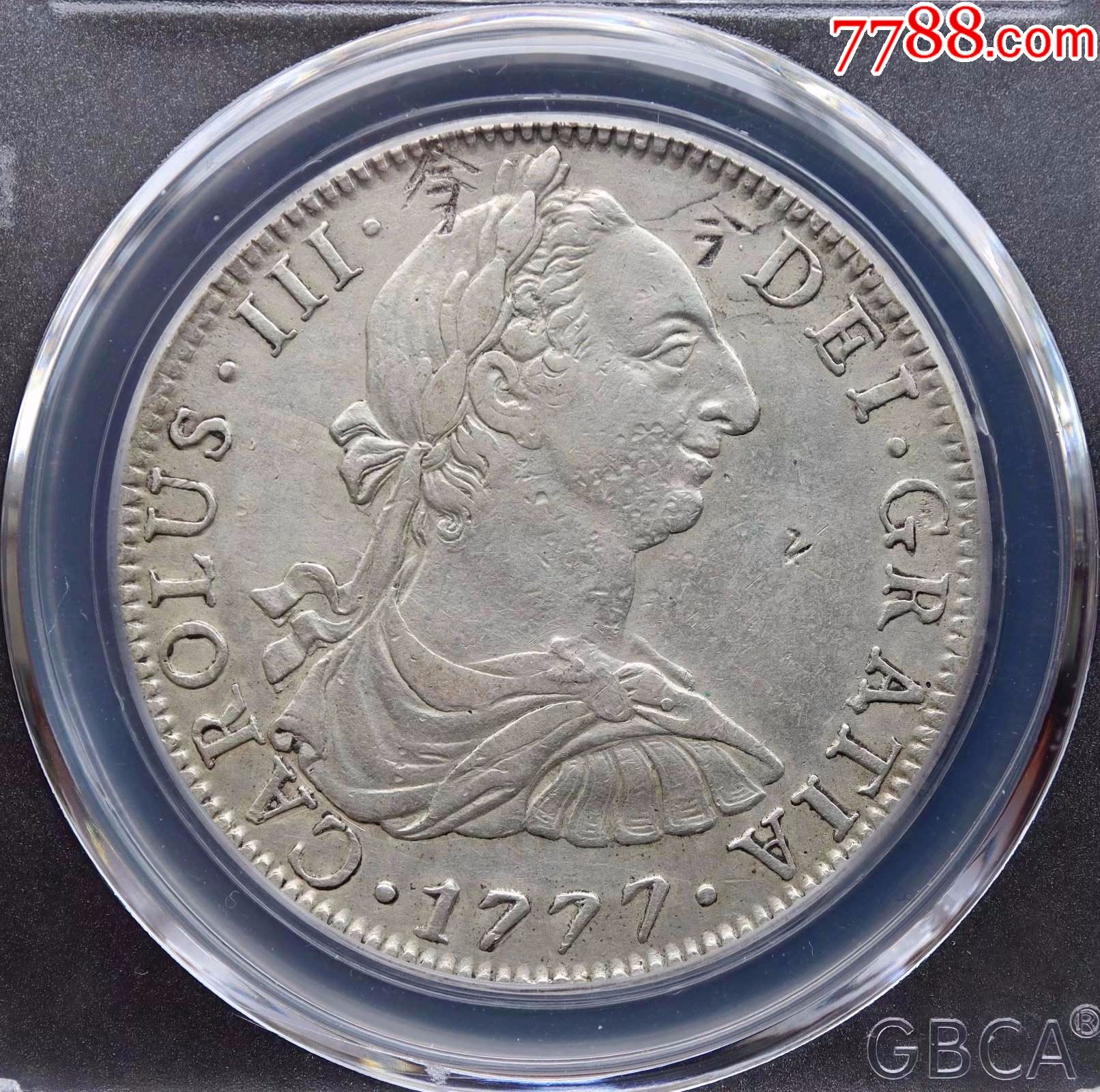 西属墨西哥银币8r1777年好年份双柱银元公博xf09分外币非pcgs