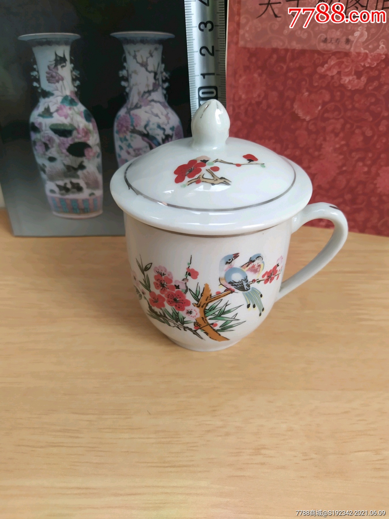 文革七八十年代粉彩花鸟茶杯手绘喜上眉梢杯子界牌瓷茶壶瓷器老物件