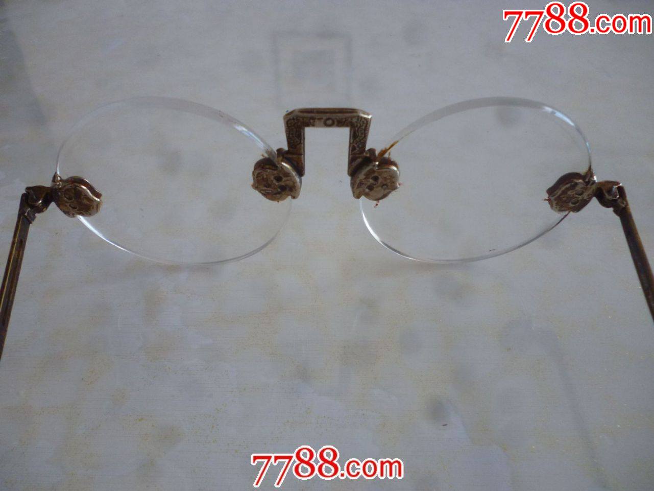 50年代\全铜框平光【天然水晶养目镜】古董老眼镜一副!