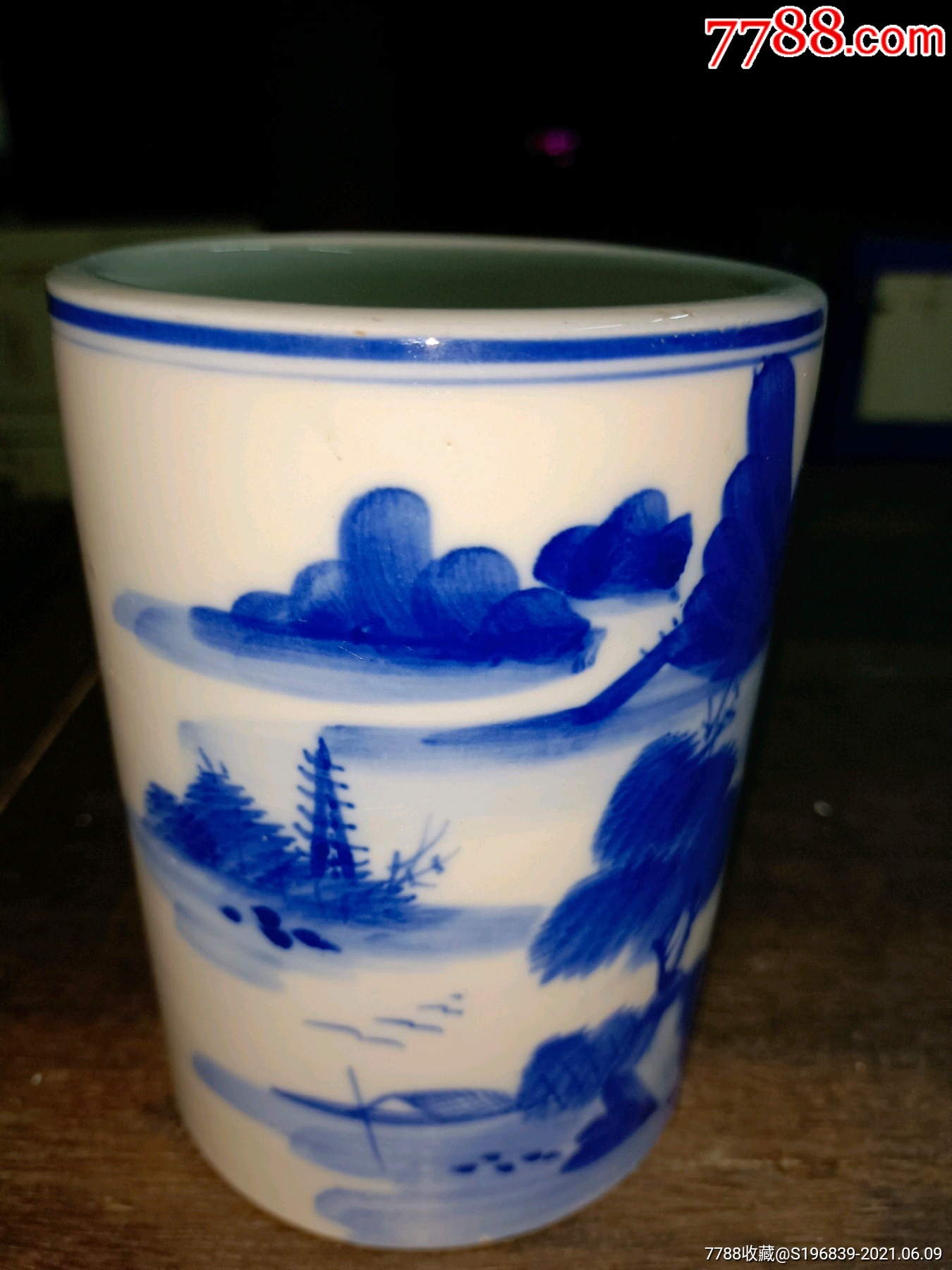 清代青花山水大笔筒_青花瓷_图片价格_收藏鉴定_7788