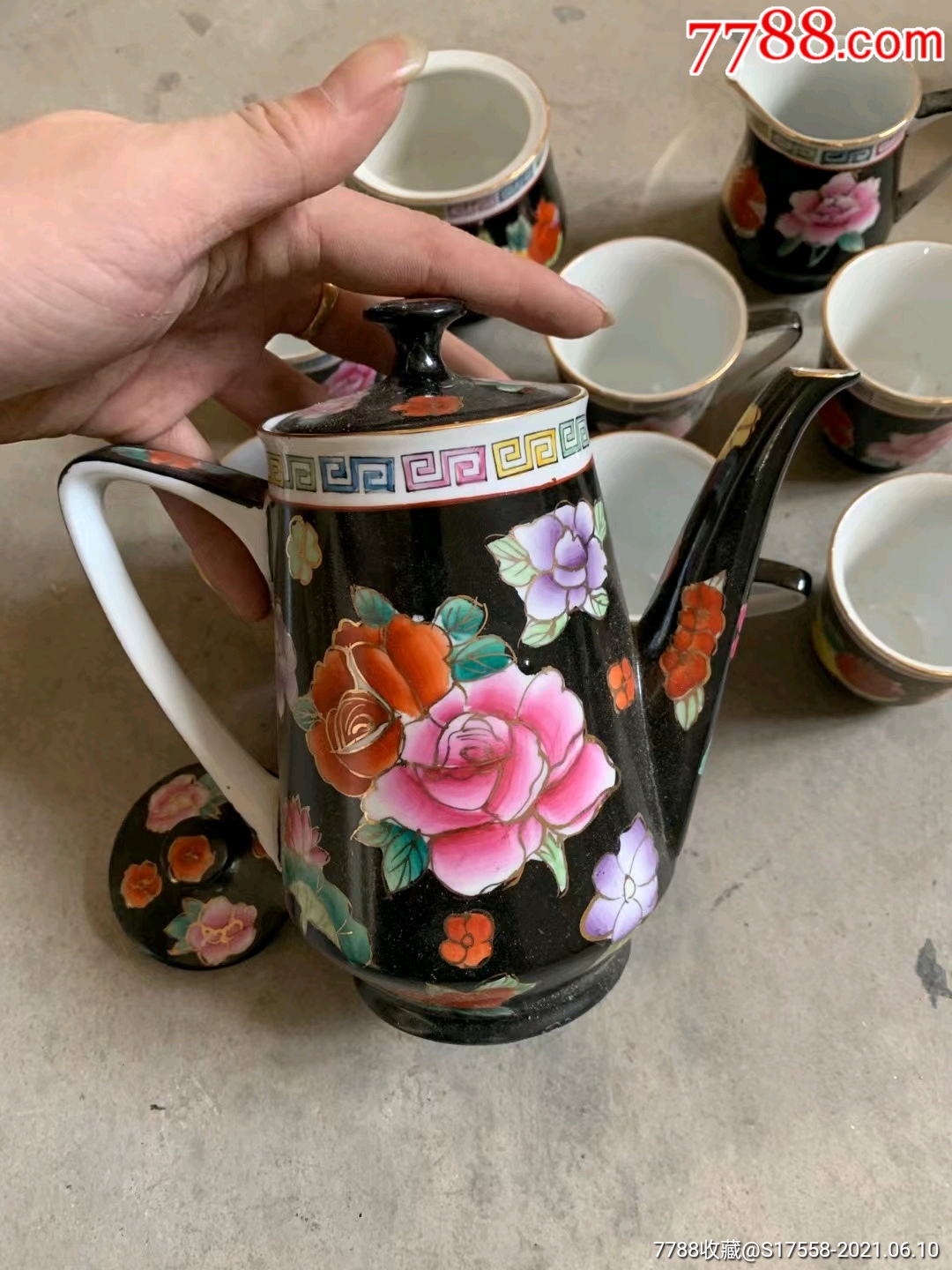 80年代黑地万花茶具,库存,能配*套,一套360元包邮!