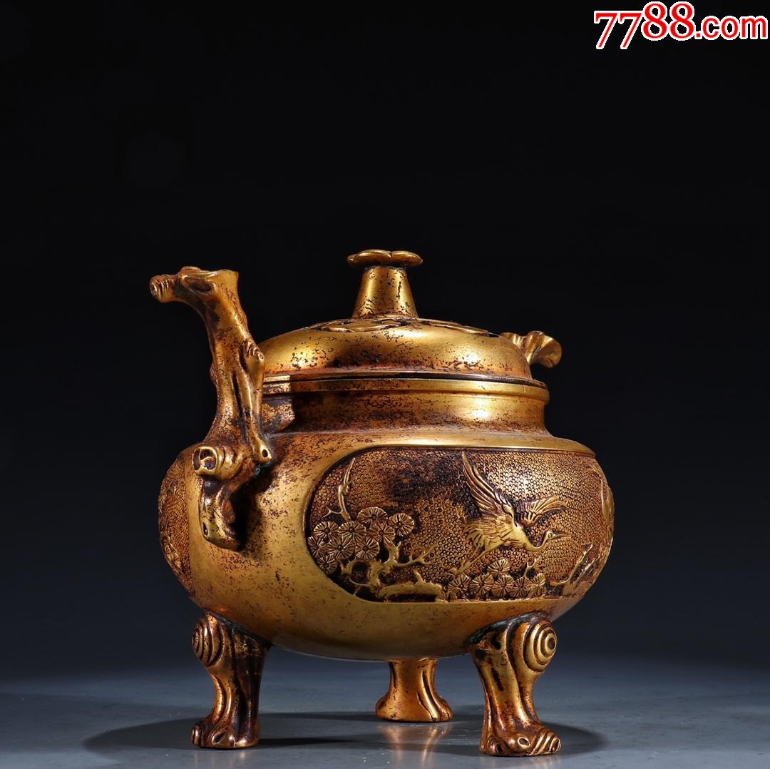 铜鎏金开窗松鹤延年香薰炉_铜炉_第2张_7788奇石收藏