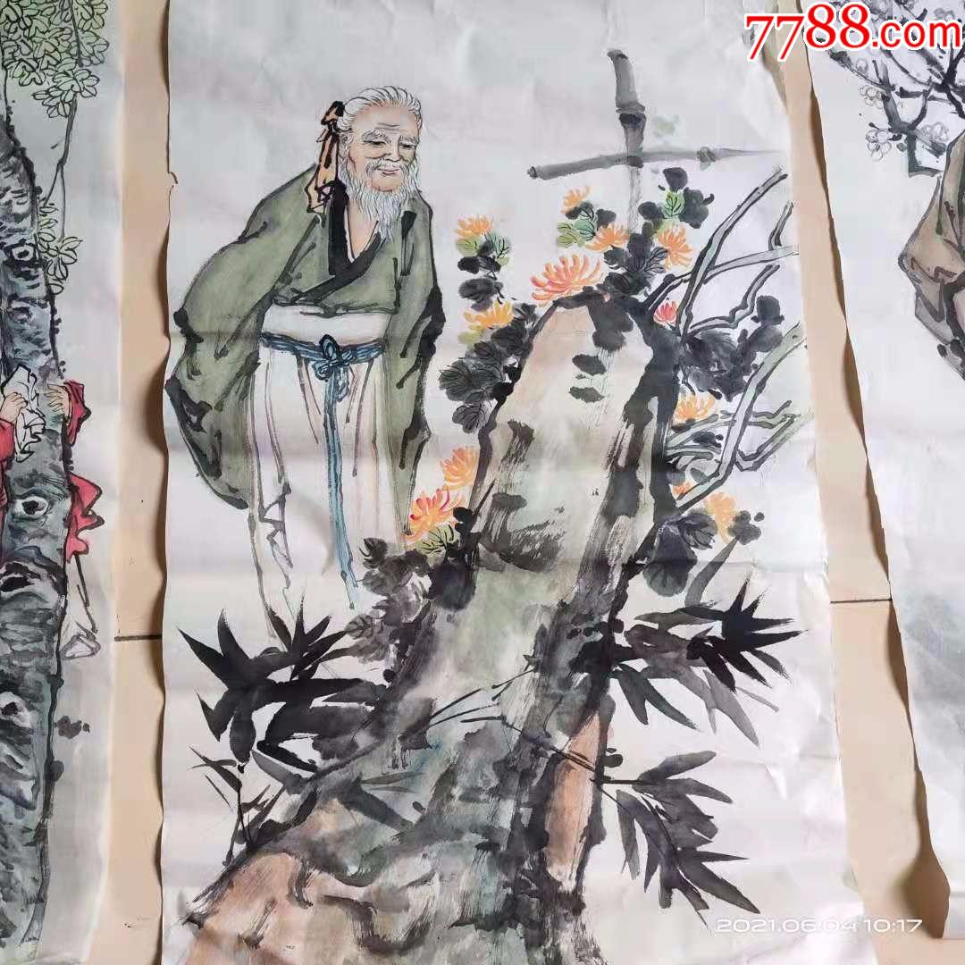 没有落款,老字画人物画国画,四爱四种植物,梅花菊花荷花梧桐树