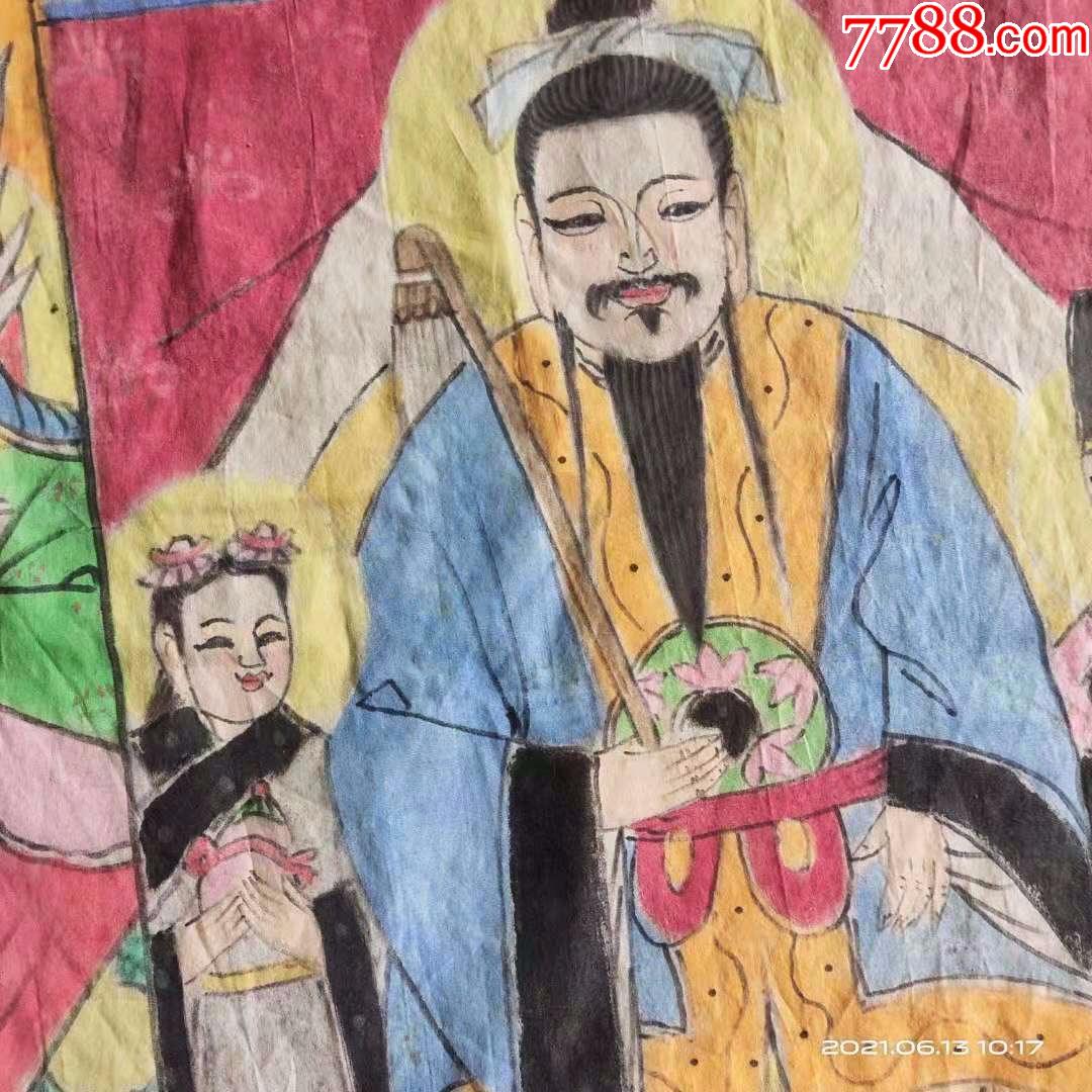 纯手绘老布画,道教神像六个神人物画,有玉帝王母关公华佗等