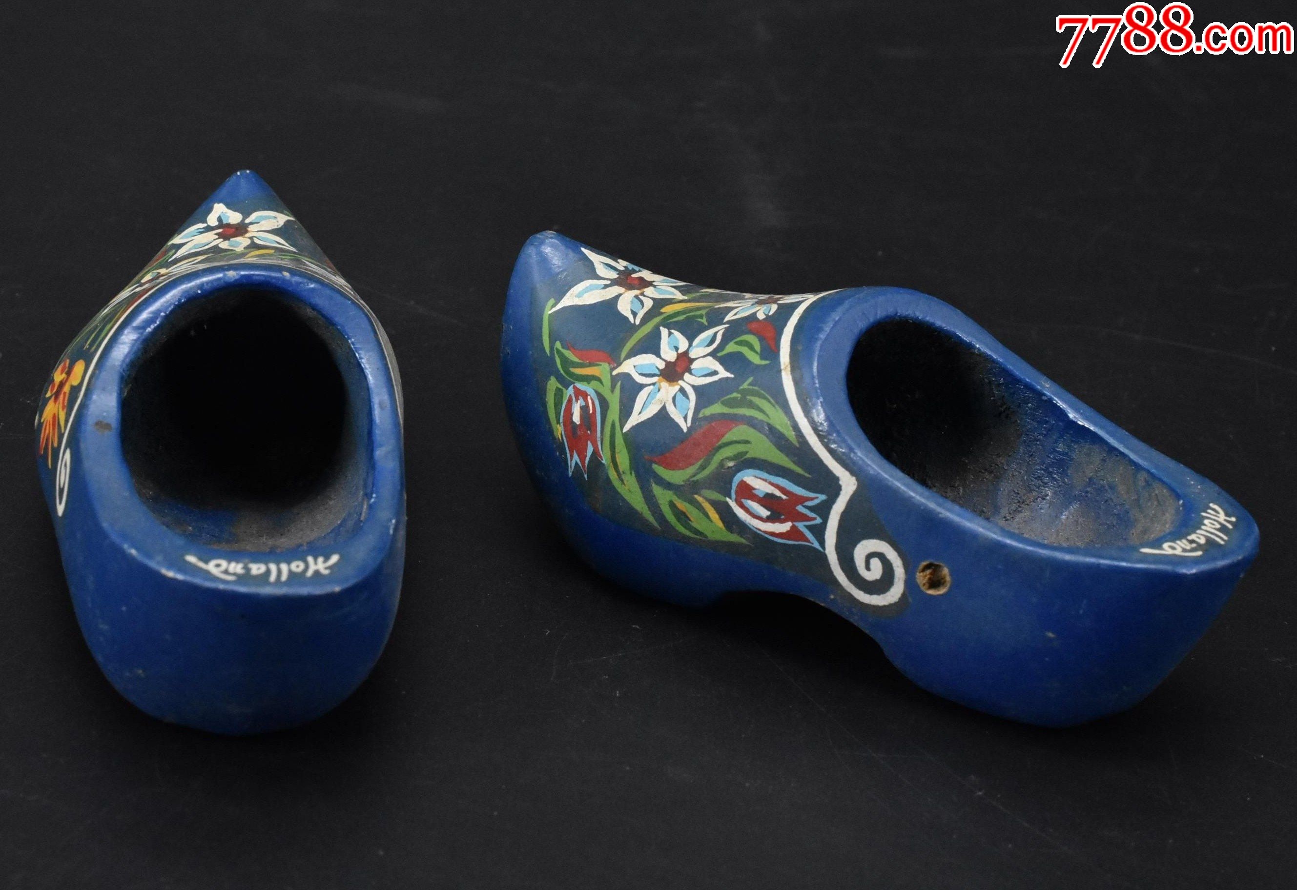 早期荷兰手绘木鞋白杨树制作蓝色全手工绘画长105mmzz3147