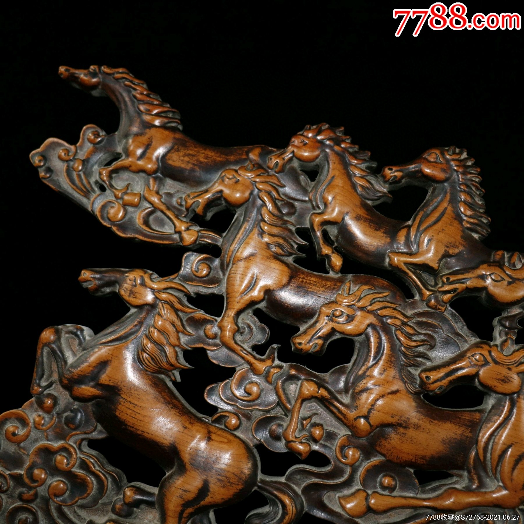 花梨木全手工雕刻【八骏雄风】八骏图屏风大摆件_木雕