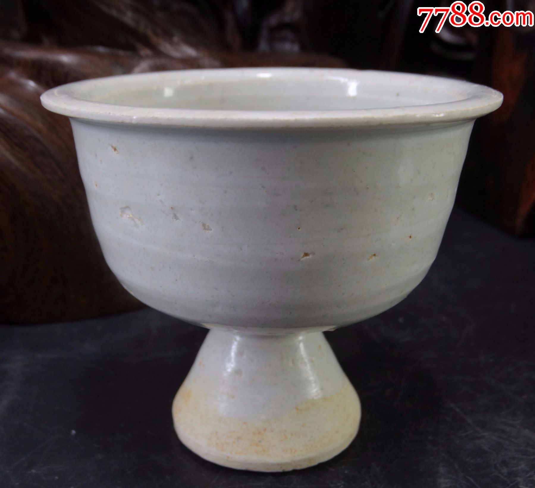 76高古瓷器碗盘古玩古董老货真品宋元时代清白釉锥型修足高足杯